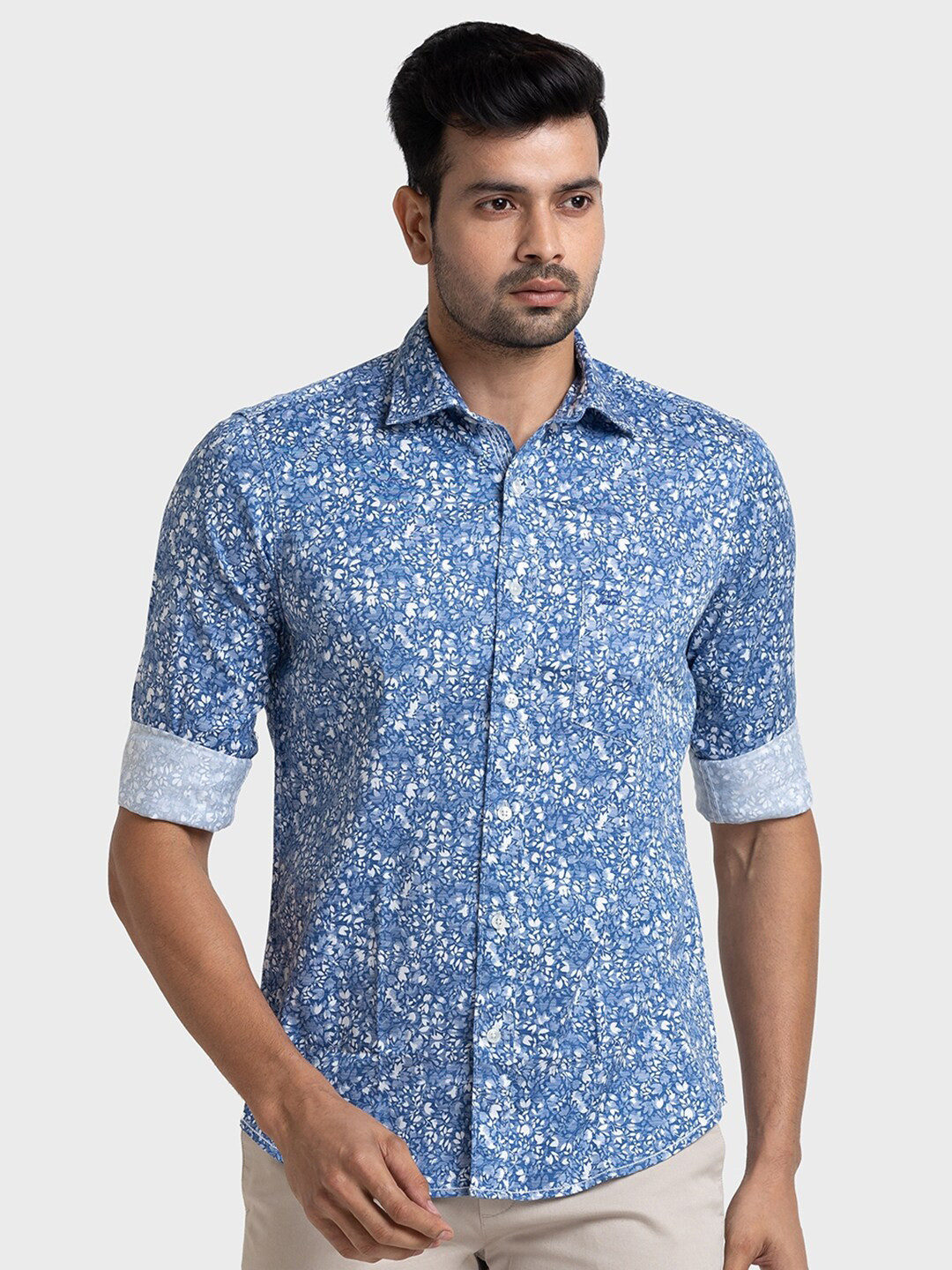 

ColorPlus Plus Size Floral Printed Tailored Fit Organic Cotton Casual Shirt, Blue