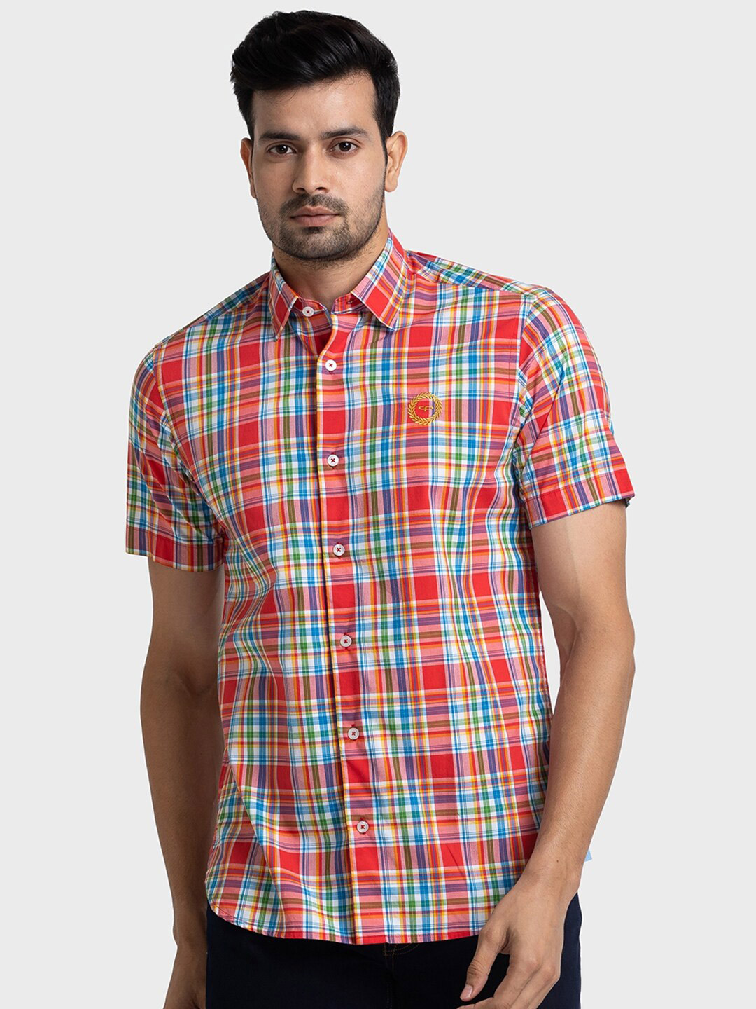 

ColorPlus Tailored Fit Tartan Checks Pure Cotton Casual Shirt, Red