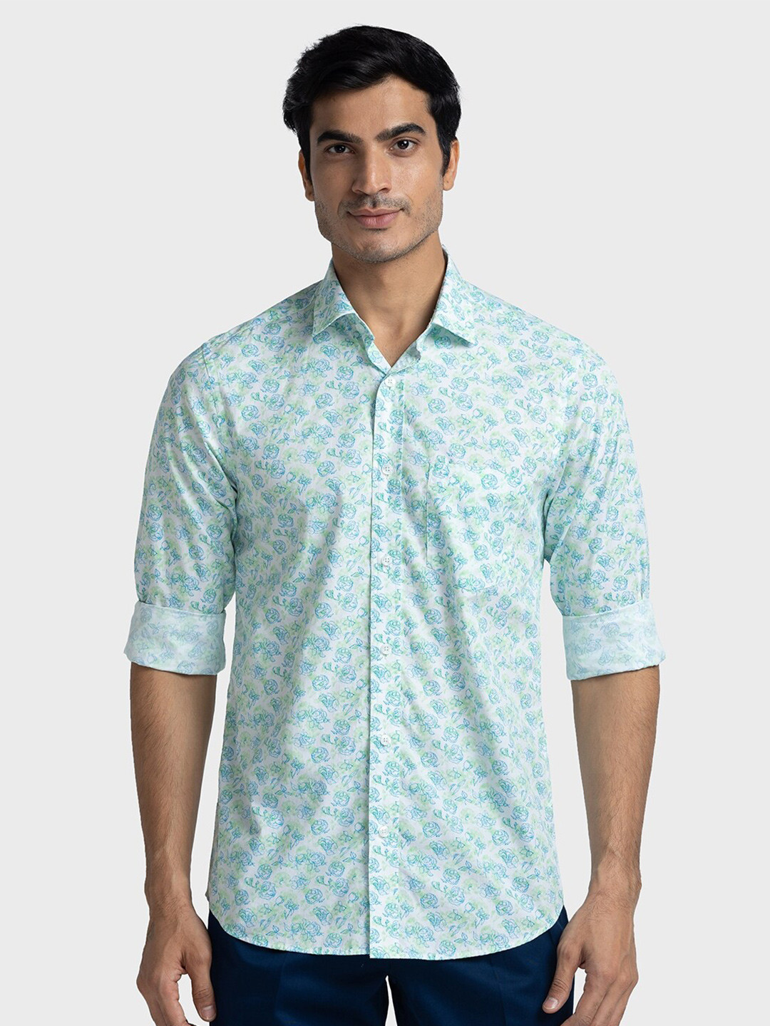 

ColorPlus Plus Size Floral Printed Tailored Fit Organic Cotton Casual Shirt, Green