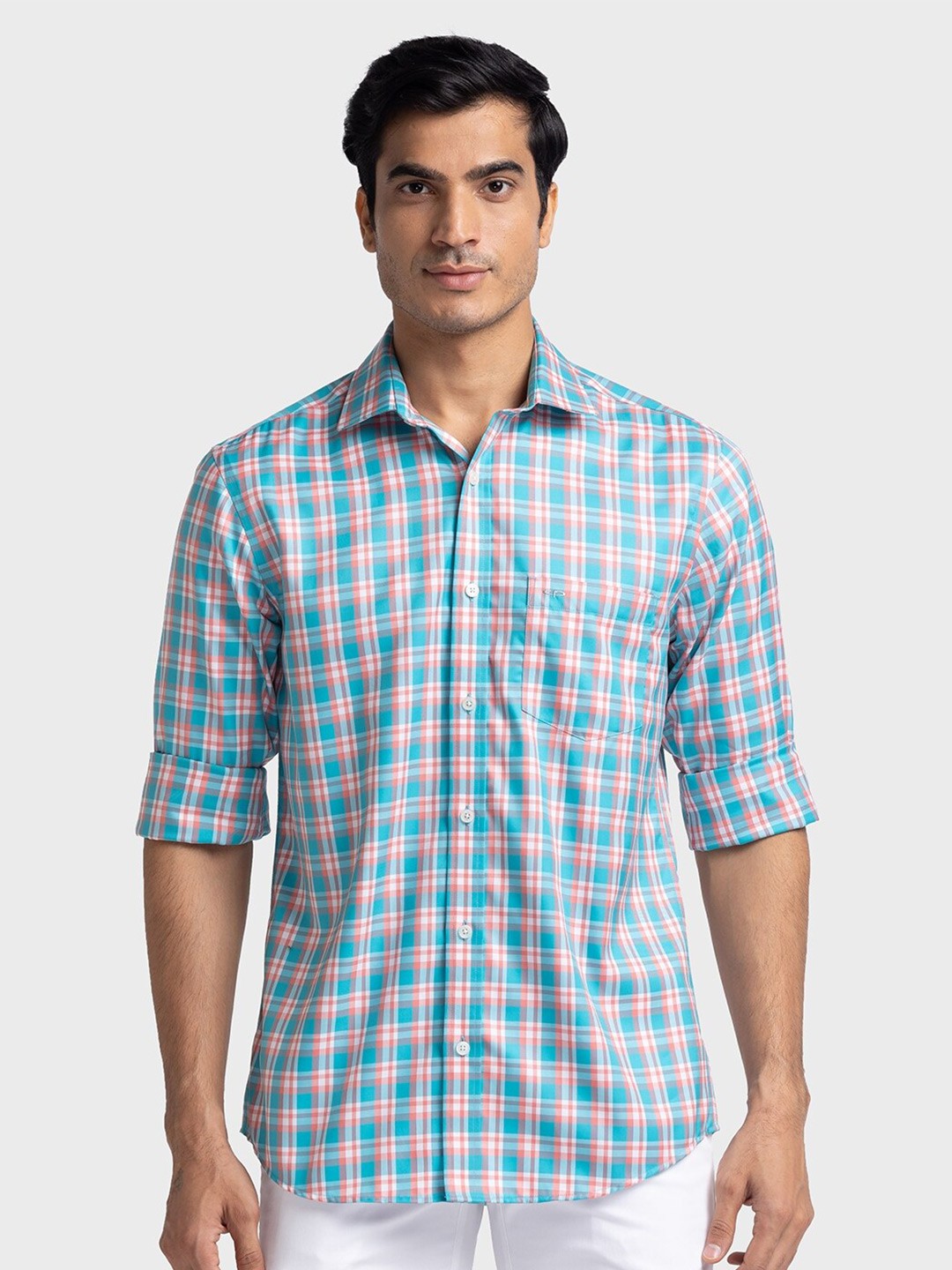 

ColorPlus Checked Spread Collar Tailored Fit Organic Cotton Casual Shirt, Orange