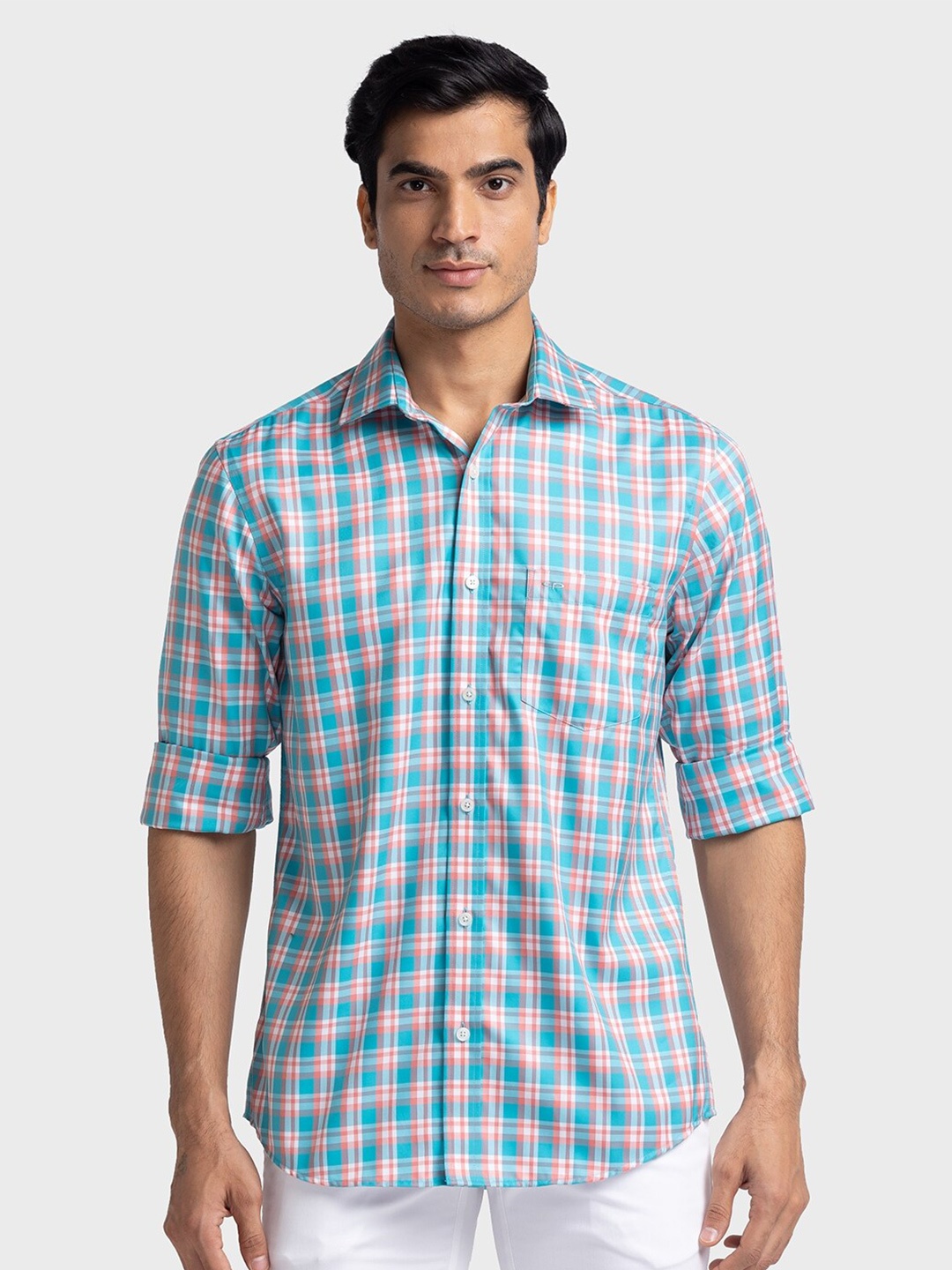 

ColorPlus Tailored Fit Checked Pure Cotton Casual Shirt, Blue