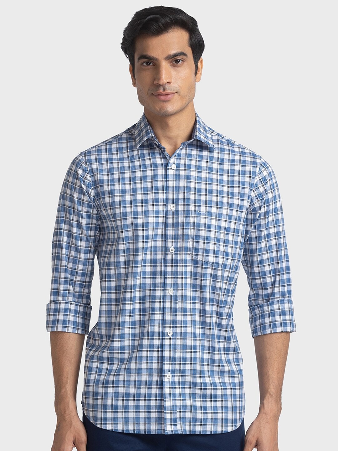 

ColorPlus Checked Spread Collar Tailored Fit Organic Cotton Casual Shirt, Blue