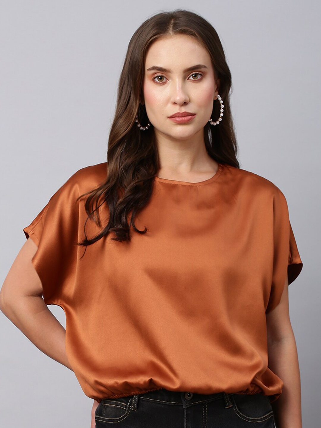 

Chemistry Extended Sleeves Round Neck Satin Blouson Top, Copper