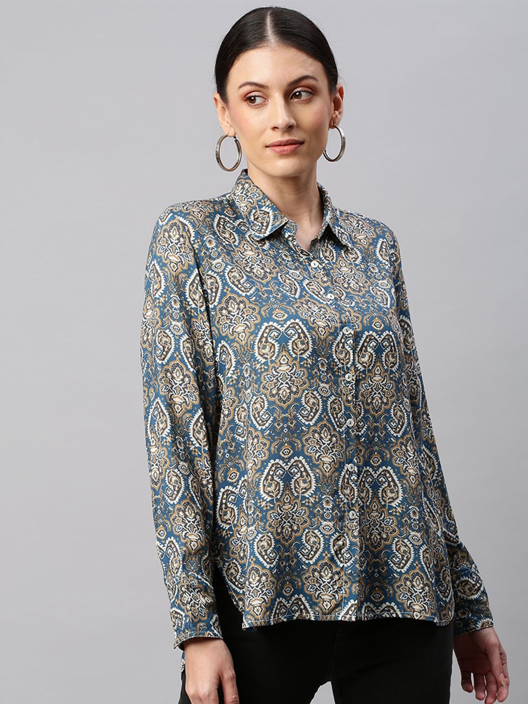 

Chemistry Ethnic Motifs Printed Cuffed Sleeves Shirt Style Top, Teal