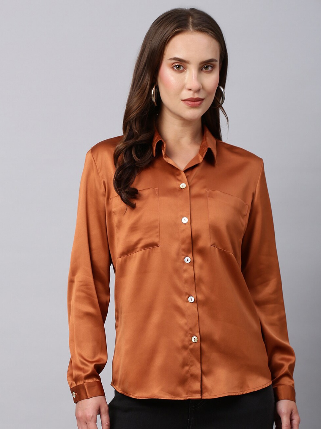 

Chemistry Slim Fit Spread Collar Satin Shirt, Copper