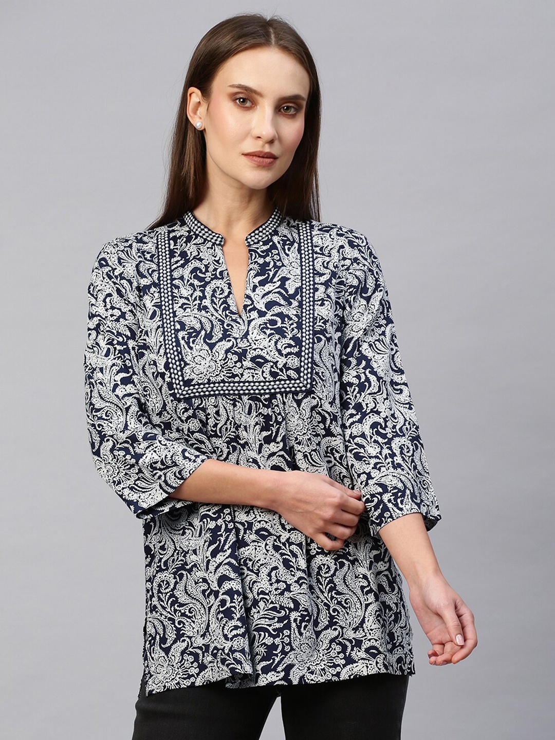 

Chemistry Floral Print Mandarin Collar Styled Back Top, Navy blue