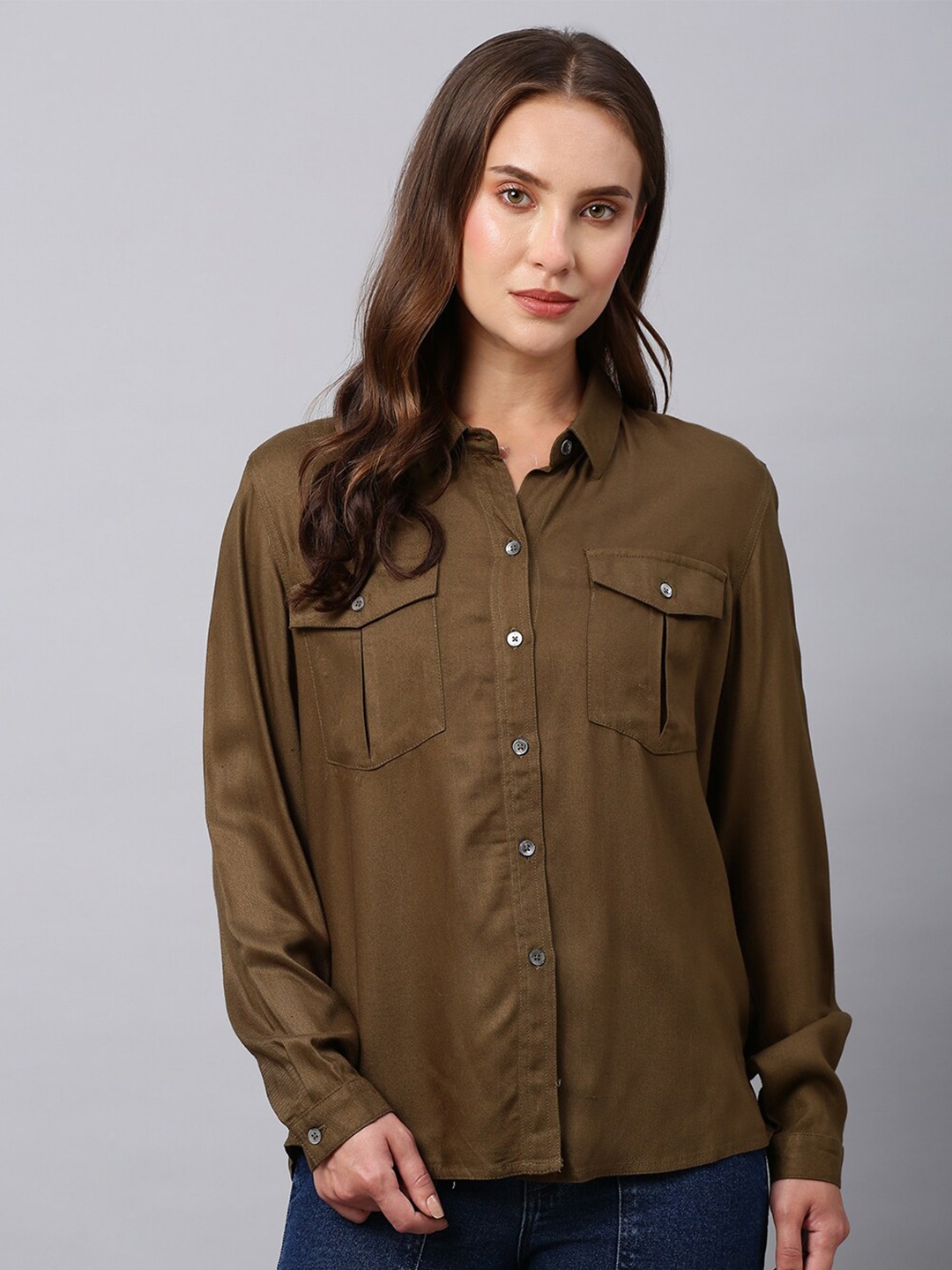 

Chemistry Spread Collar Long Sleeves Casual Shirt, Olive