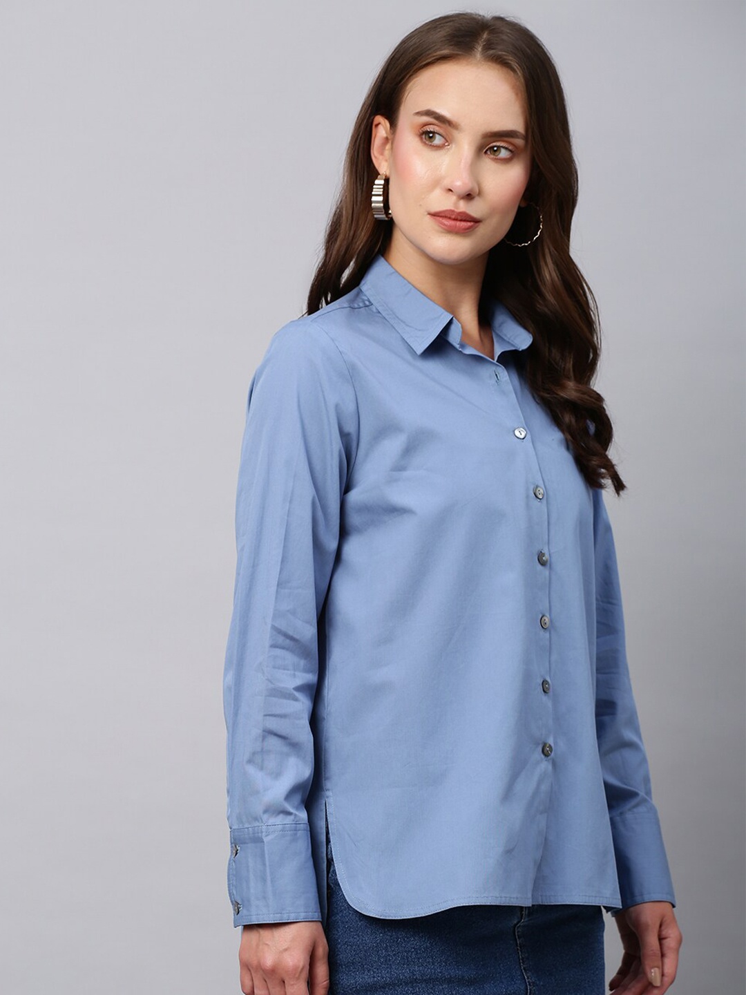 

Chemistry Spread Collar Long Sleeves High Low Hem Pure Cotton Shirt, Blue