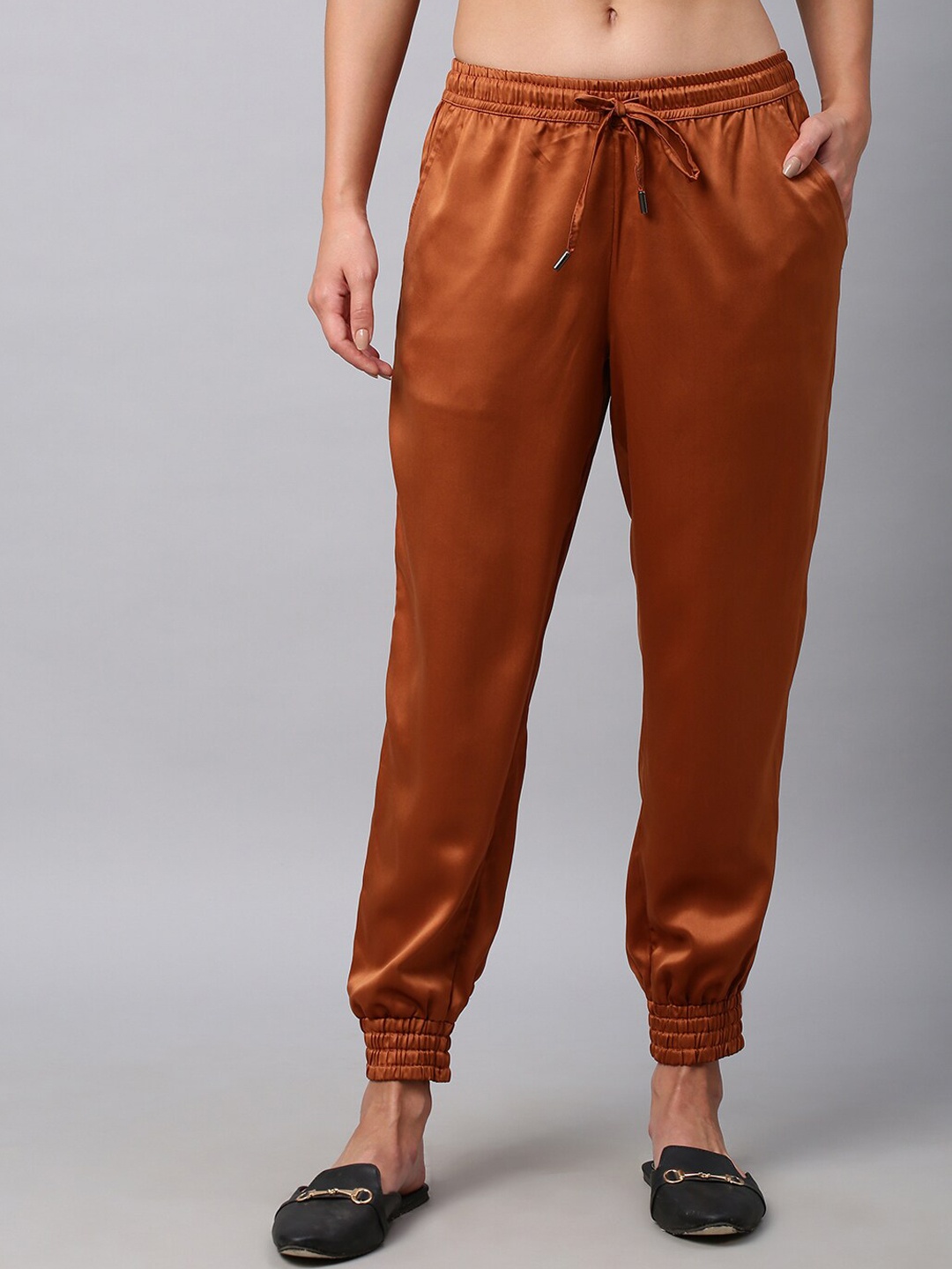 

Chemistry Mid-Rise Satin Elasticated Satin Cropped Joggers, Copper