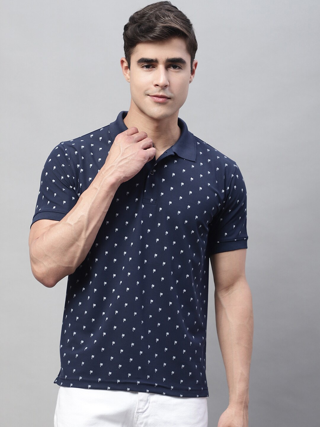 

Obaan Printed Polo Collar Cotton T-Shirt, Navy blue