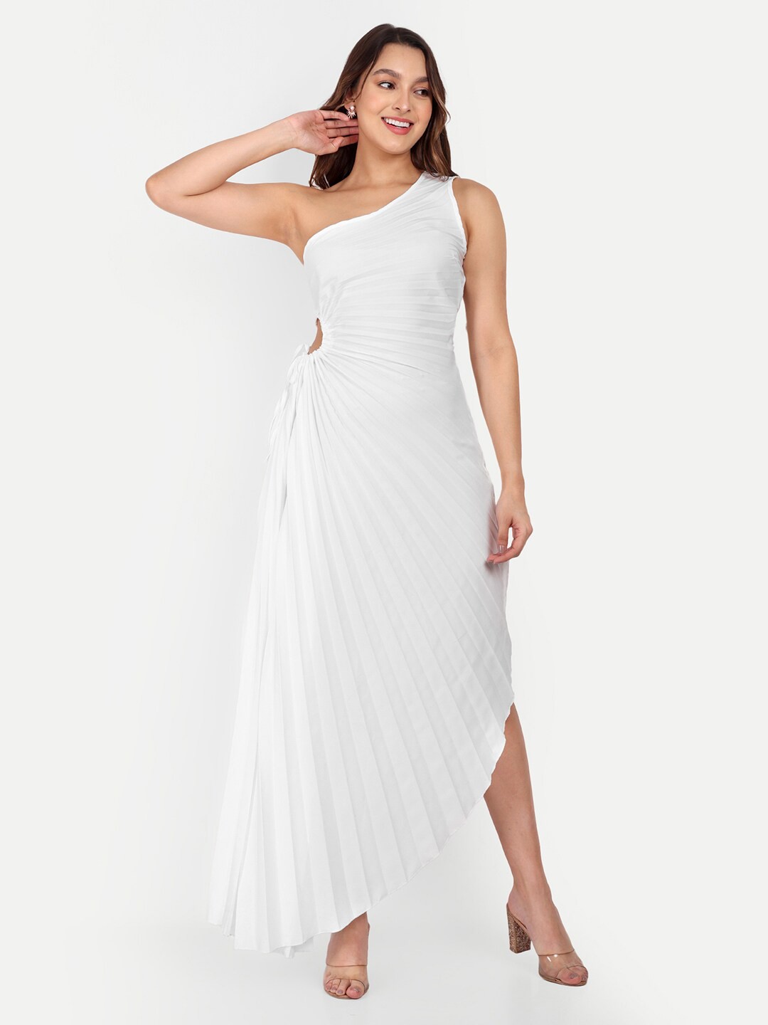 

iki chic One Shoulder Accordion Pleats Cut-Out A-Line Dress, White
