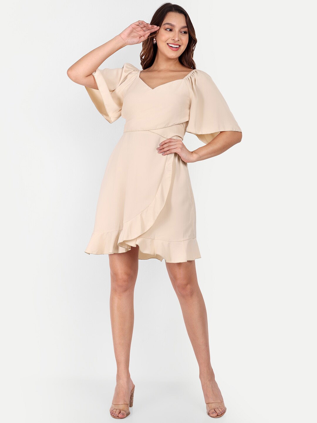 

iki chic Flared Sleeves Tulip Hem Fit & Flare Dress, Beige