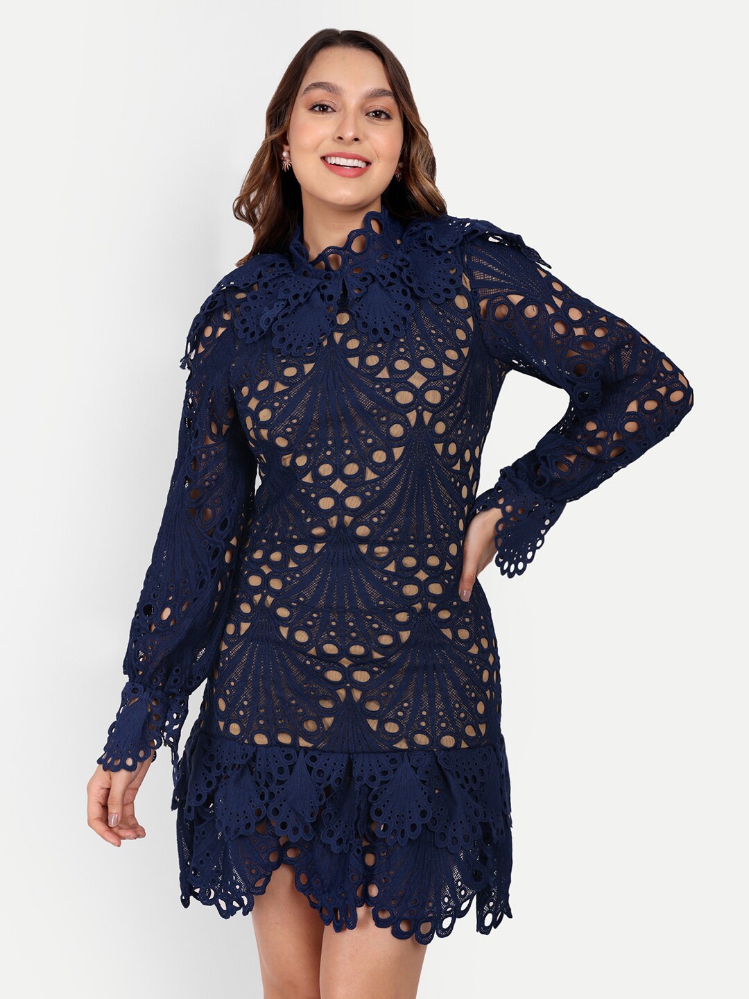 

iki chic Self Design Pure Cotton Lace Sheath Dress, Navy blue