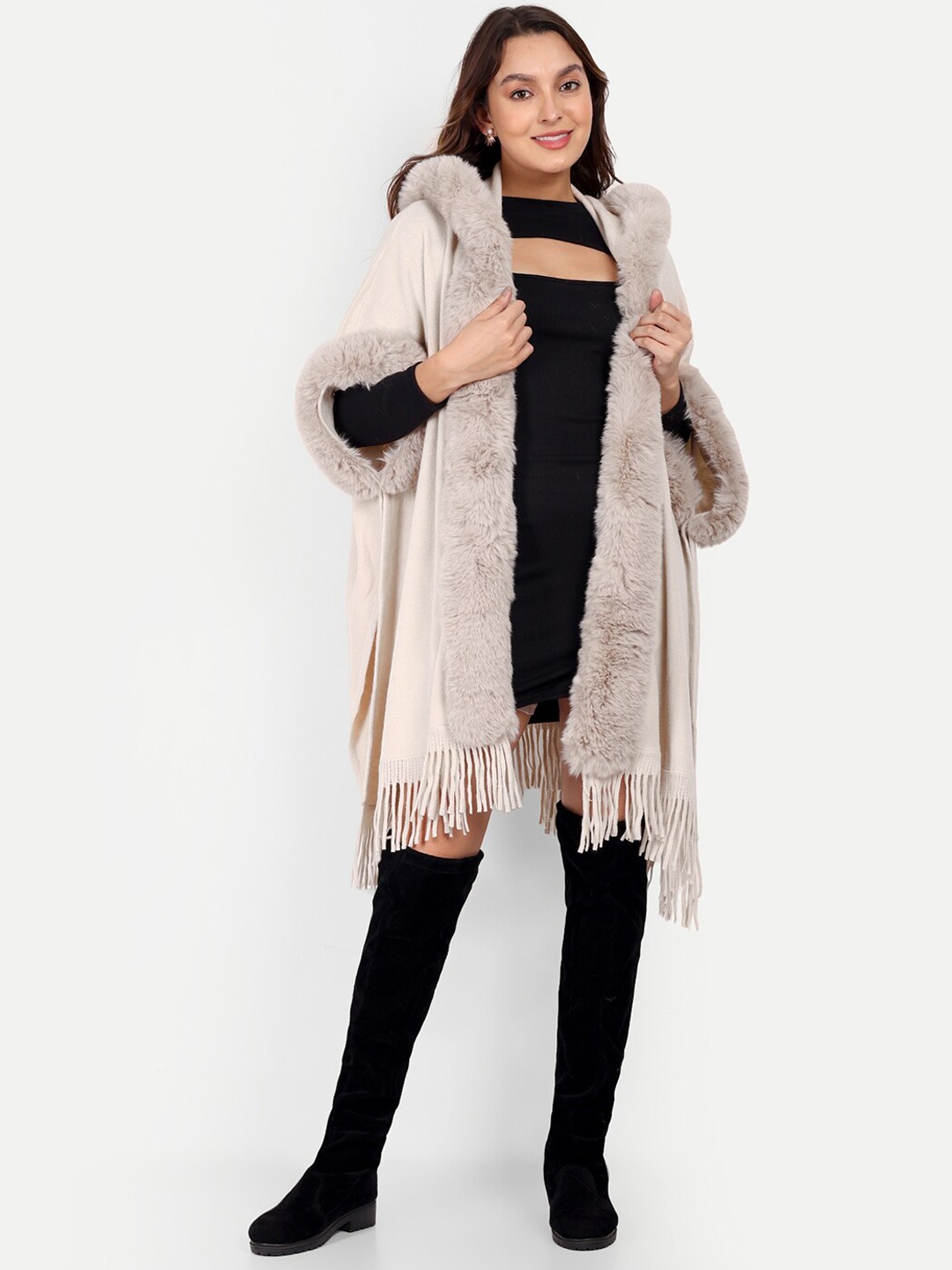 

iki chic Hooded Woolen Longline Parka Jacket With Fringes & Fur Detailing, Beige