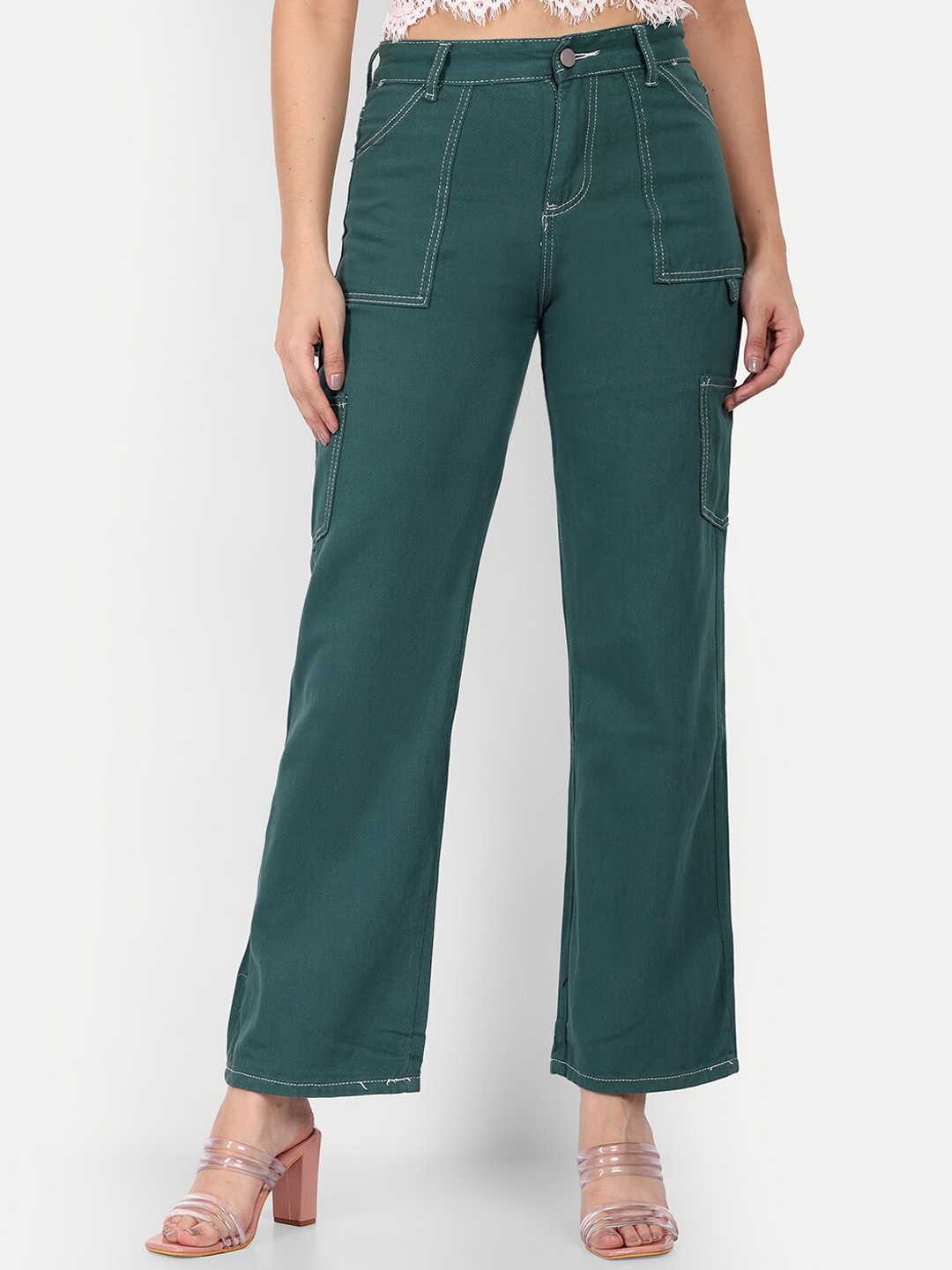 

iki chic Women Flared High-Rise Cargo Styles Trousers, Green