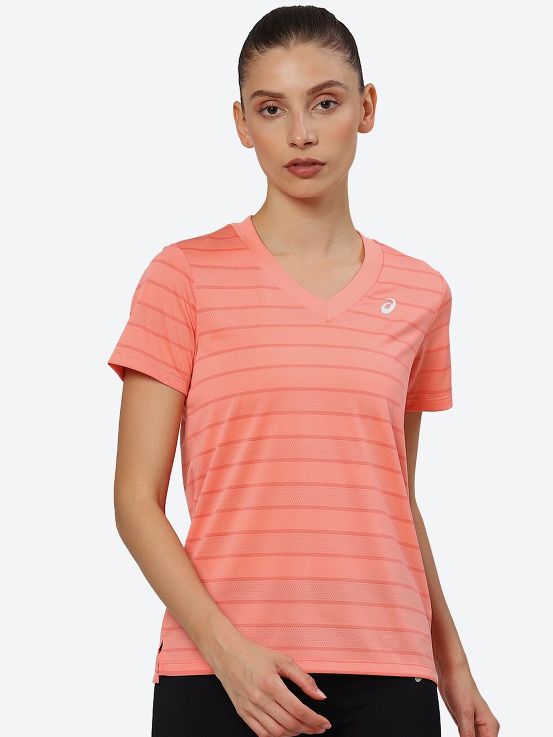 

ASICS Striped Short Sleeves V-neck Sports T-Shirt, Coral