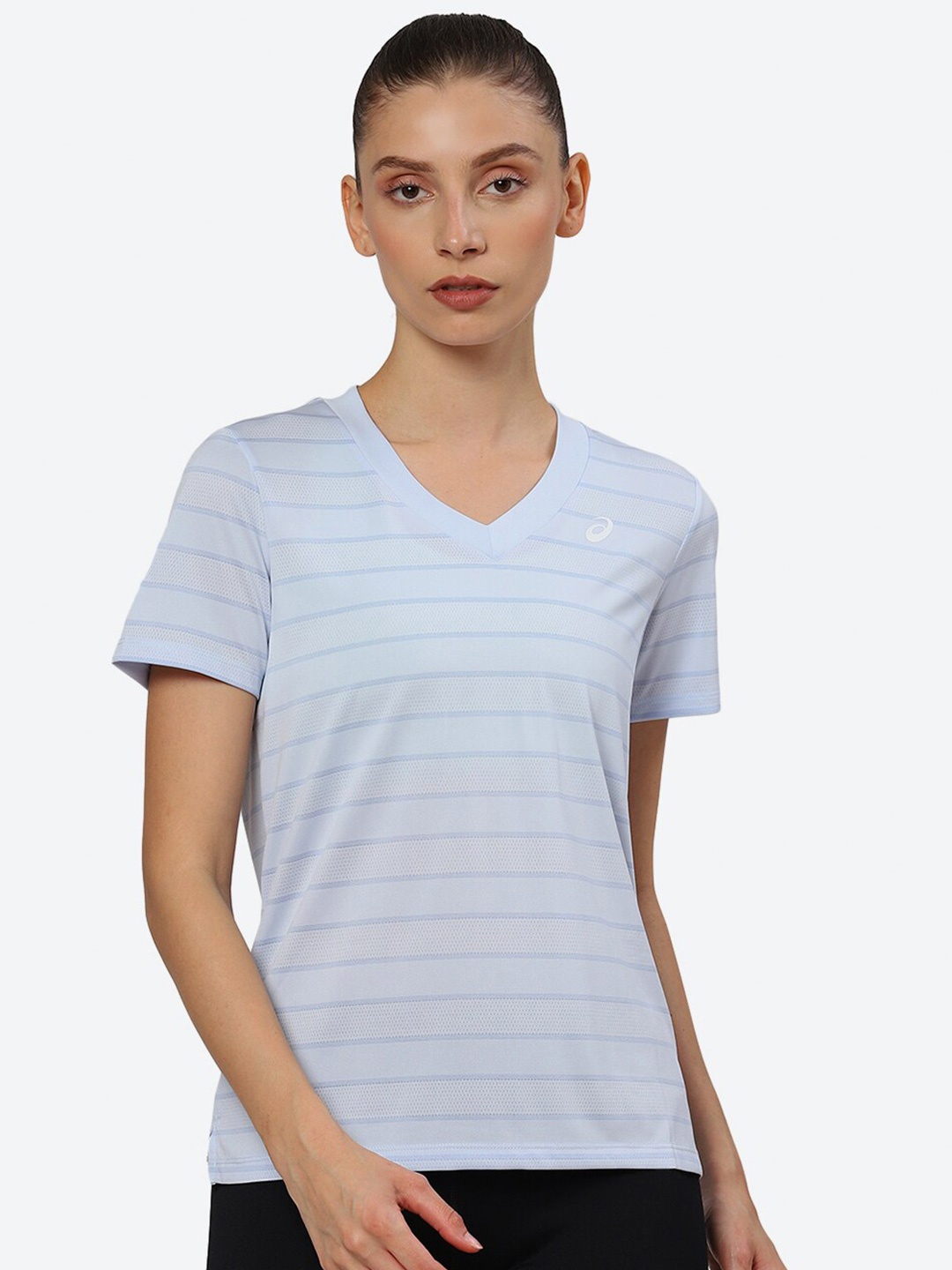 

ASICS Women Striped V-Neck T-shirt, Blue