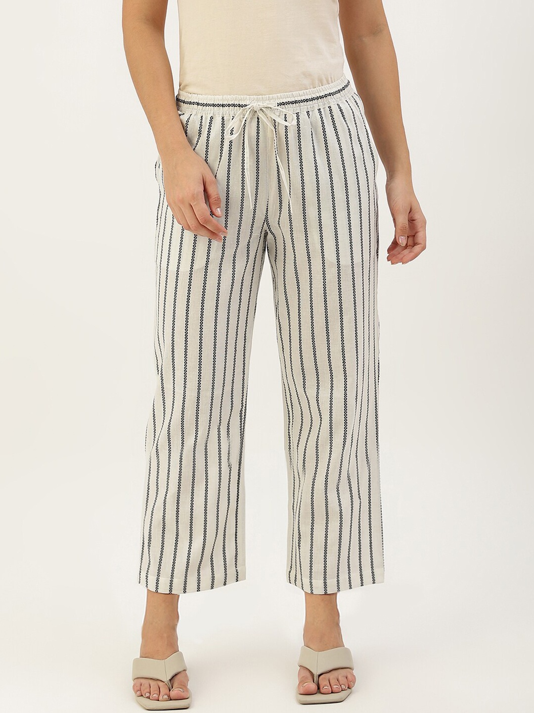 

Lokatita Women Striped Cropped Cotton Palazzo, White