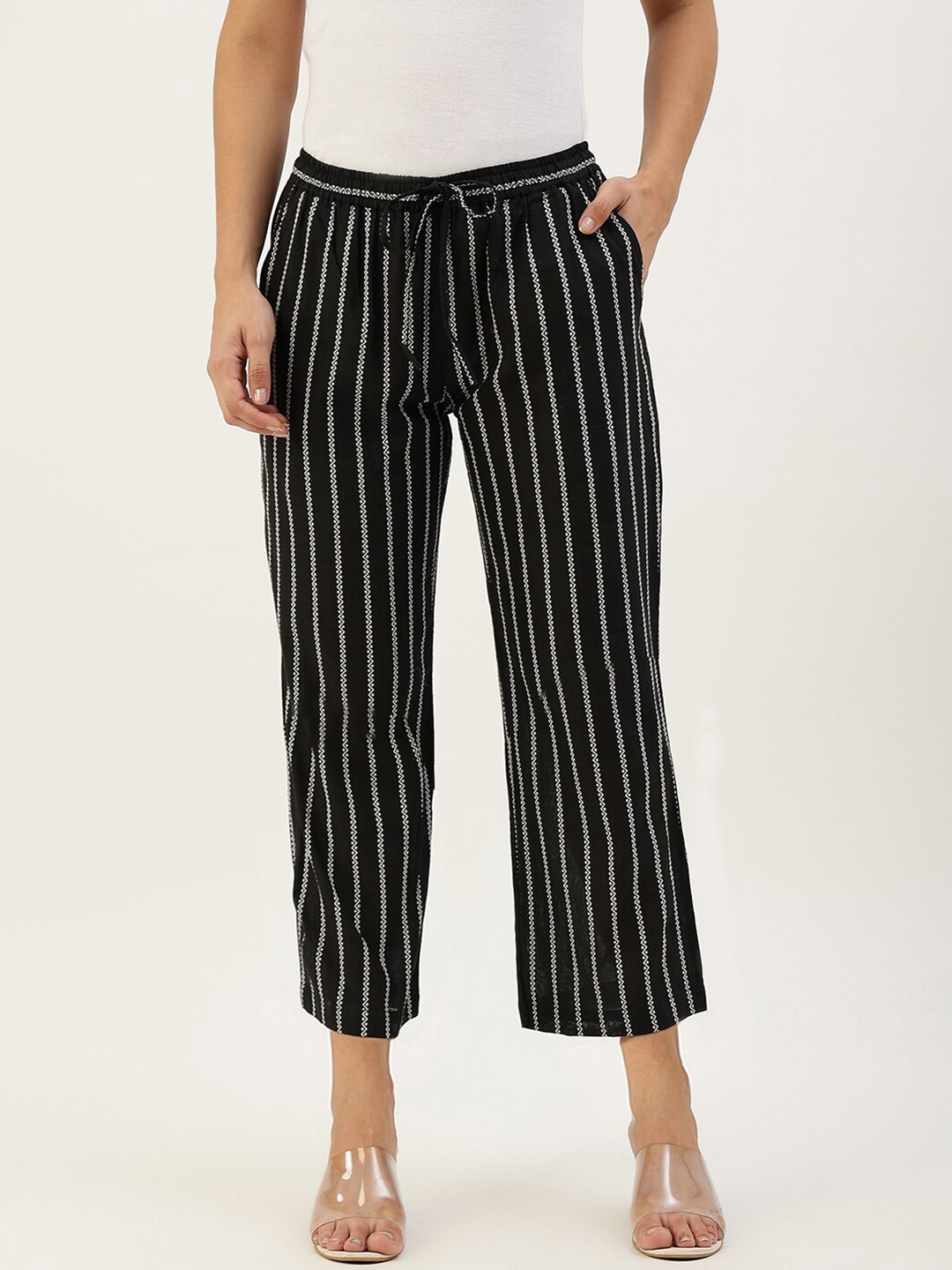 

Lokatita Women Striped Cotton Cropped Palazzo, Black