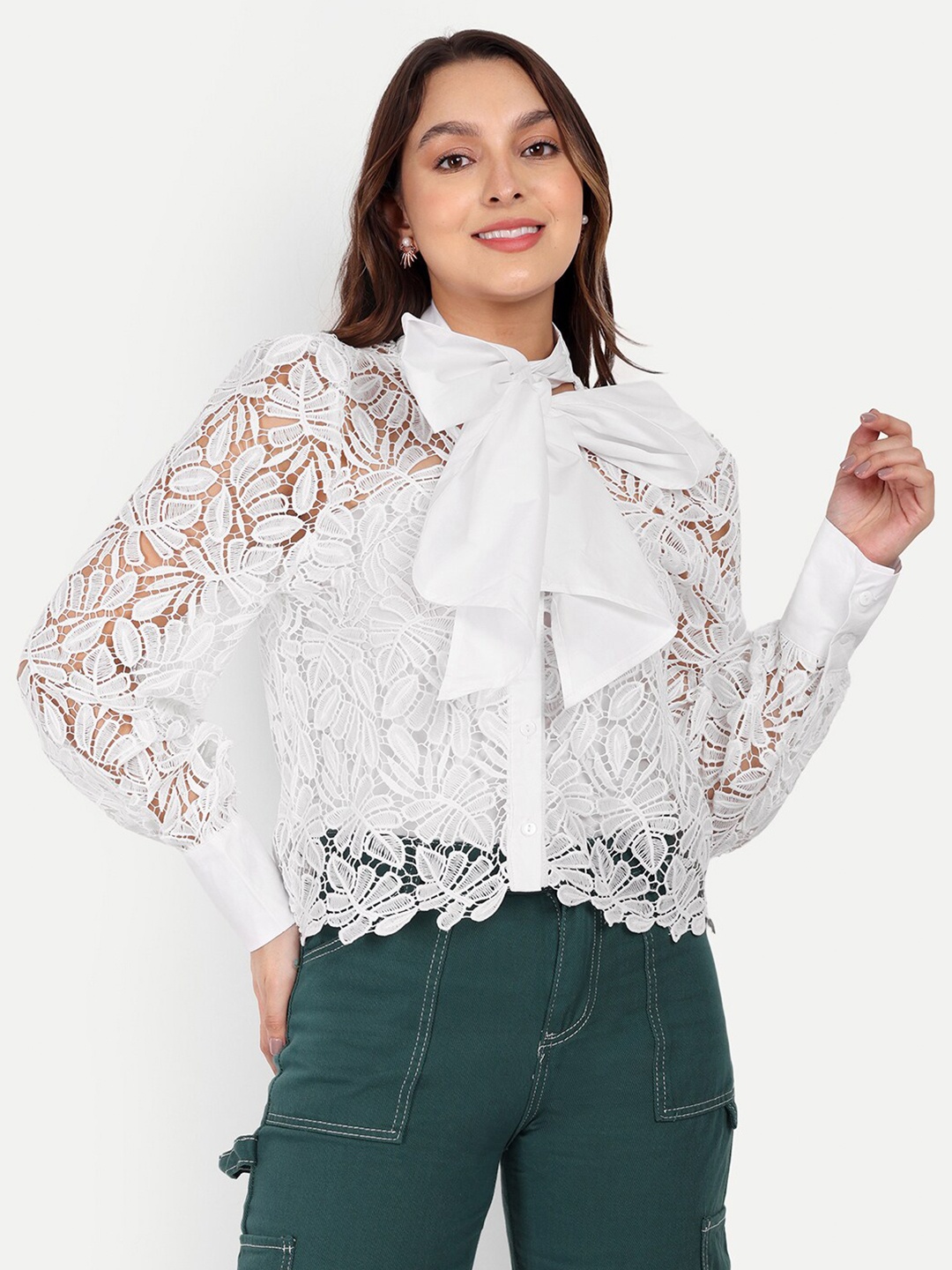 

iki chic Tie-Up Neck Tropical Pure Cotton Lace Top, White