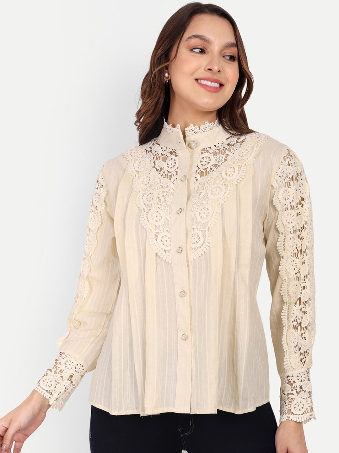 

iki chic Striped Mandarin Collar Pure Cotton Lace Shirt Style Top, Beige