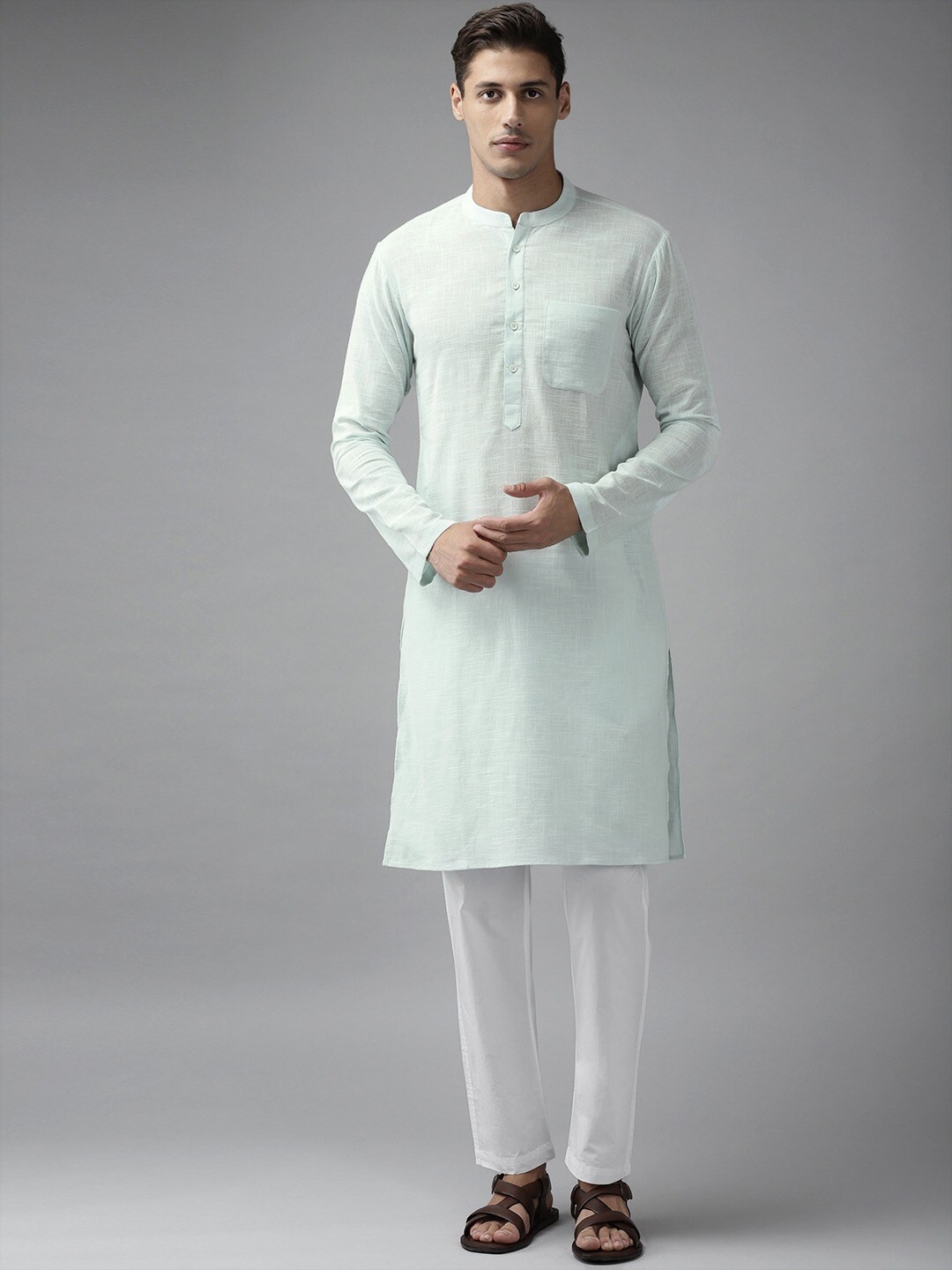 

See Designs Mandarin Collar Pure Cotton Kurta with Pyjamas, Sea green