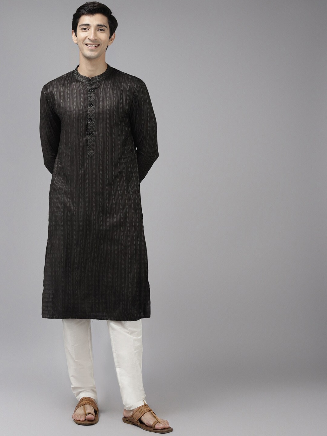 

See Designs Striped Woven Design Kurta with Pyjamas, Black