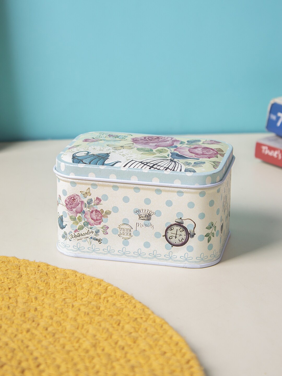 

MARKET99 Cyan-Blue & White Printed Rectangular Tin Box With Lid