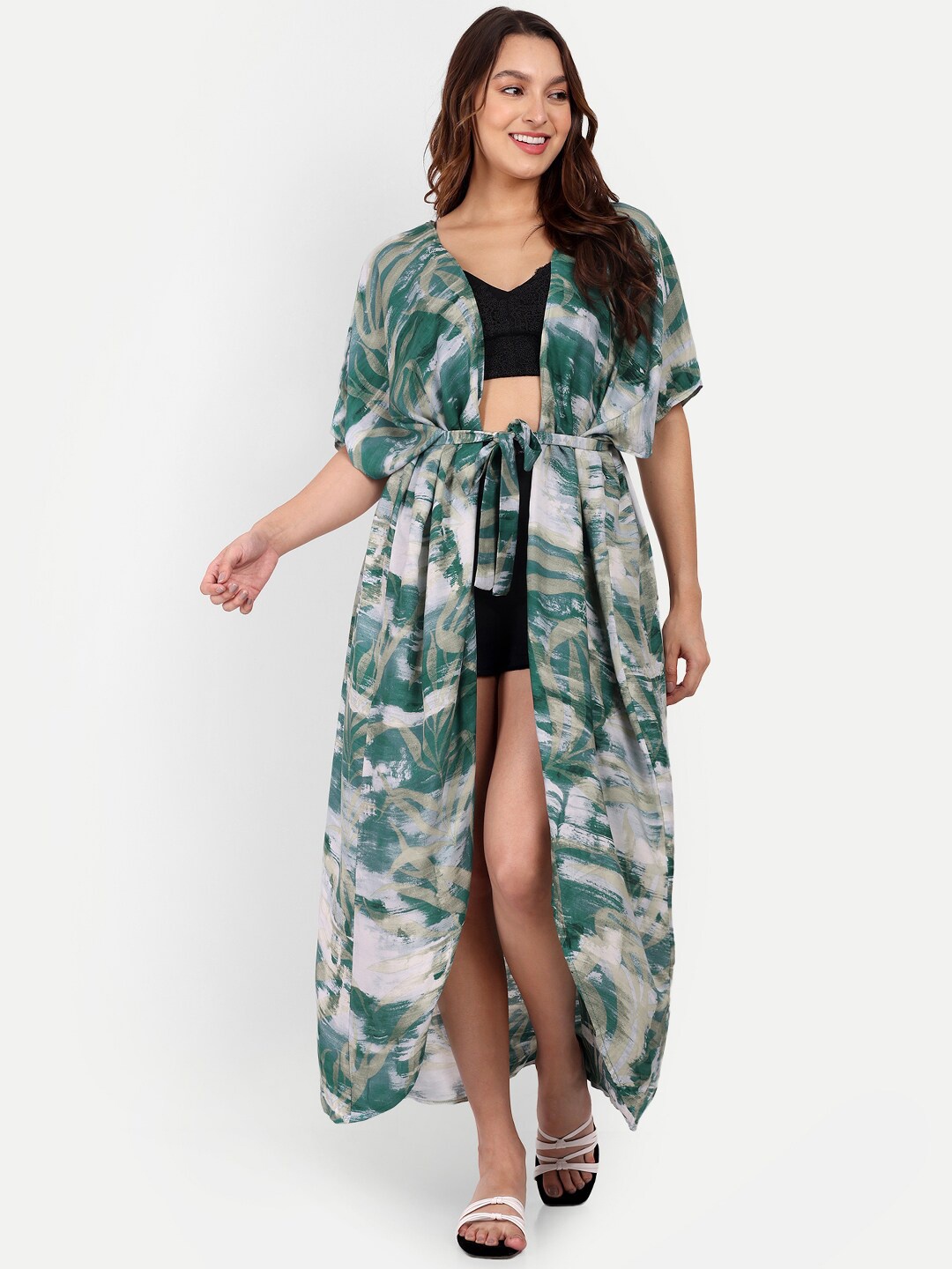 

iki chic Printed Front Open Kimono Cover-Up, Green