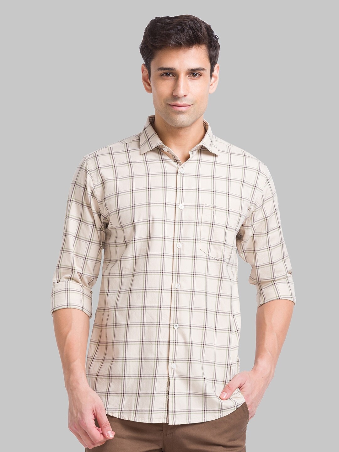 

Park Avenue Slim Fit Checked Pure Cotton Casual Shirt, Cream