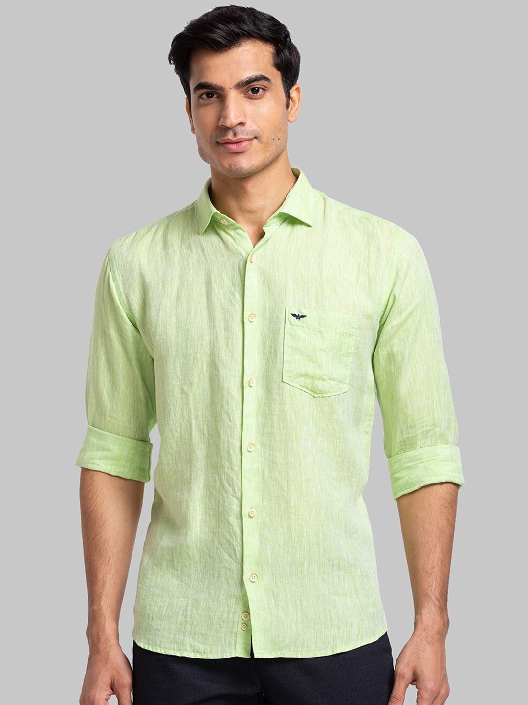 

Park Avenue Spread Collar Slim Fit Linen Casual Shirt, Green