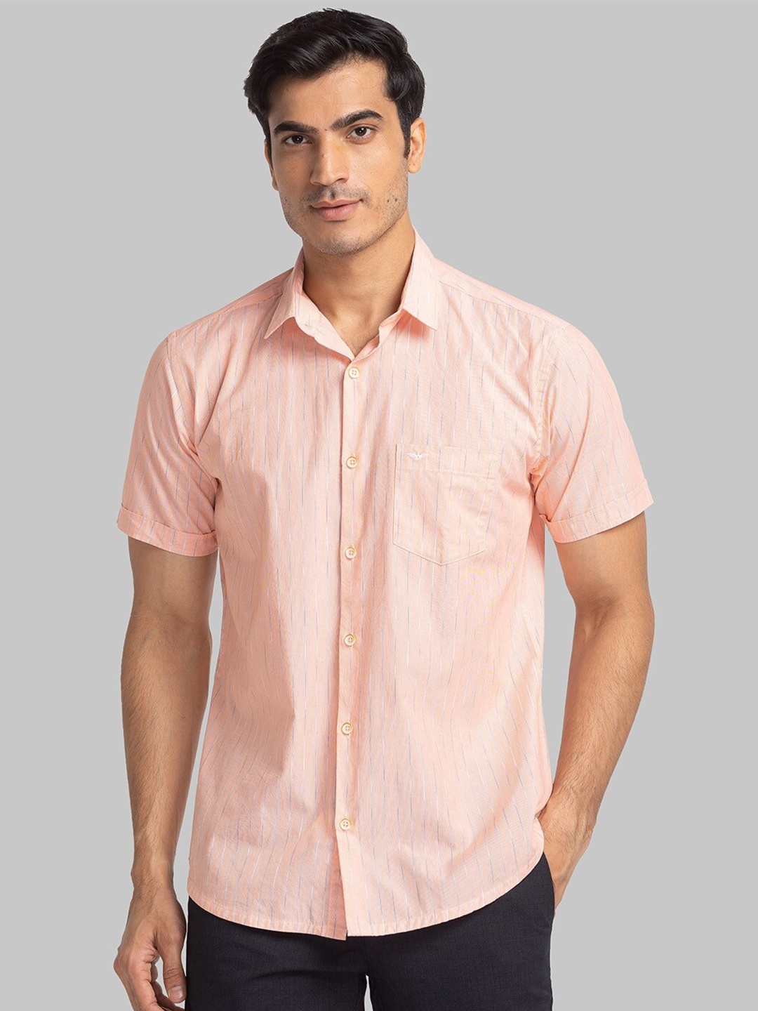 

Park Avenue Spread Collar Stripes Slim Fit Organic Cotton Casual Shirt, Peach