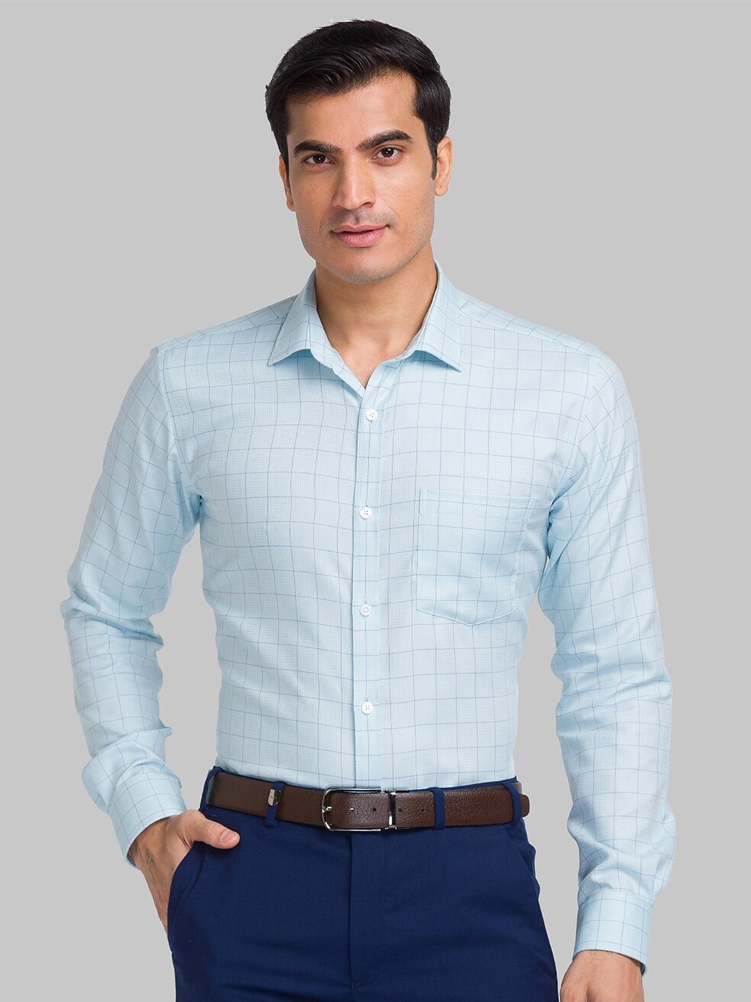 

Park Avenue Spread Collar Checks Slim Fit Organic Cotton Formal Shirt, Blue