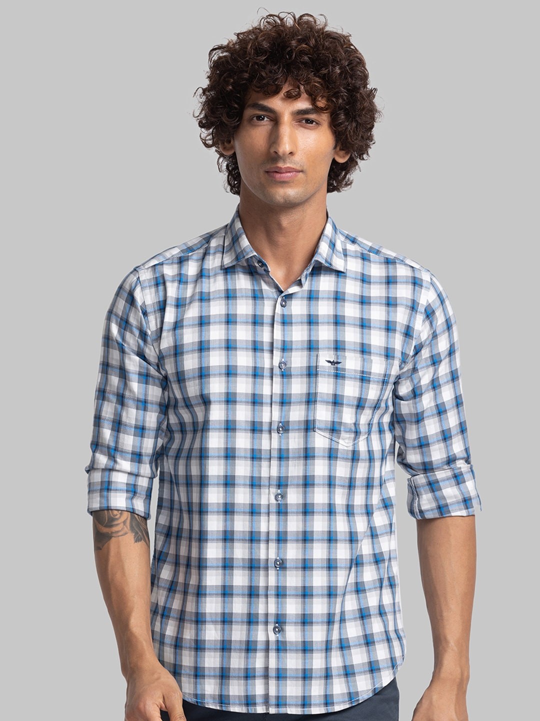 

Park Avenue Checked Spread Collar Organic Cotton Slim Fit Casual Shirt, Blue