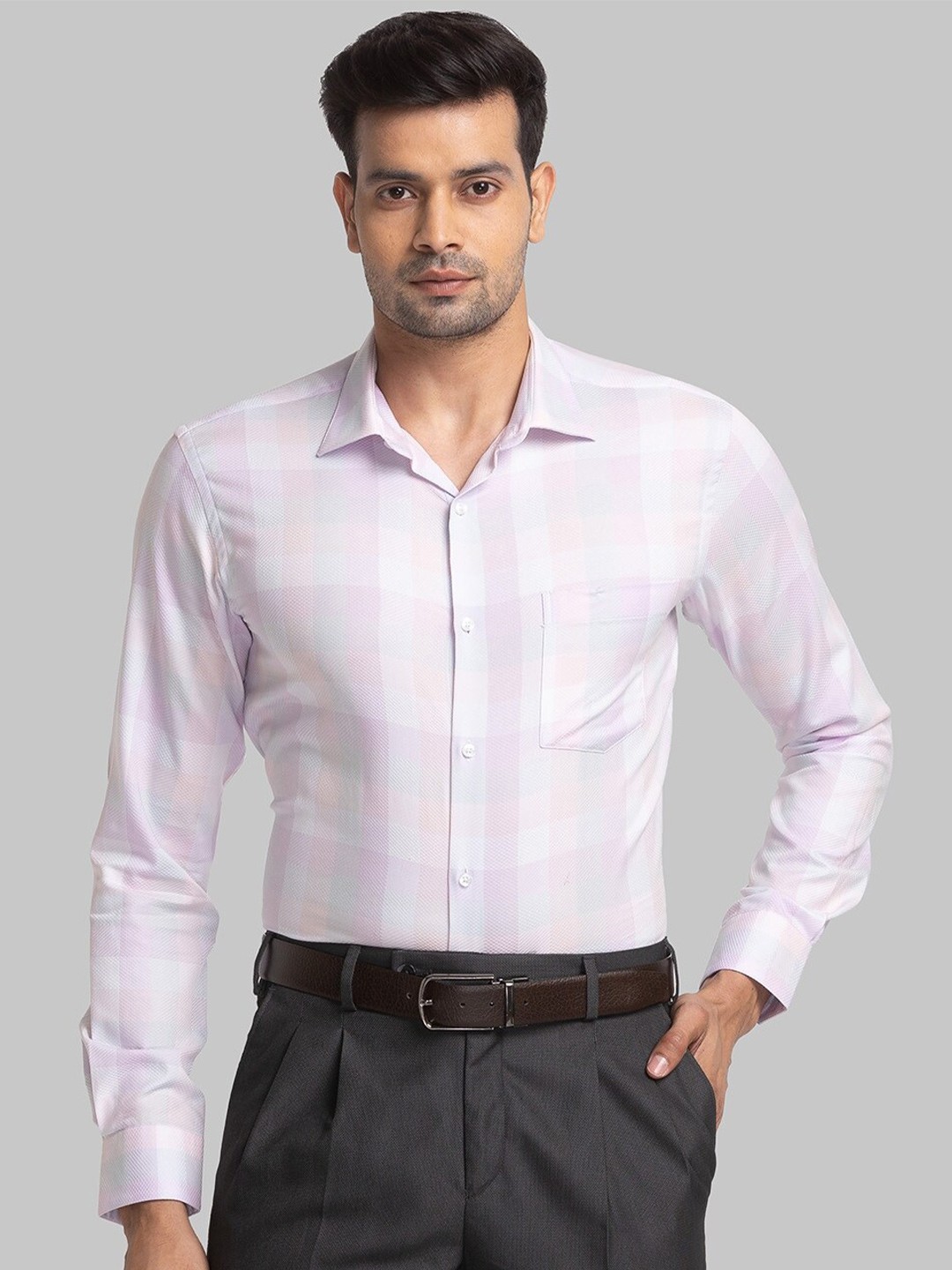 

Park Avenue Checked Spread Collar Long Sleeves Organic Cotton Slim Fit Formal Shirt, Lavender
