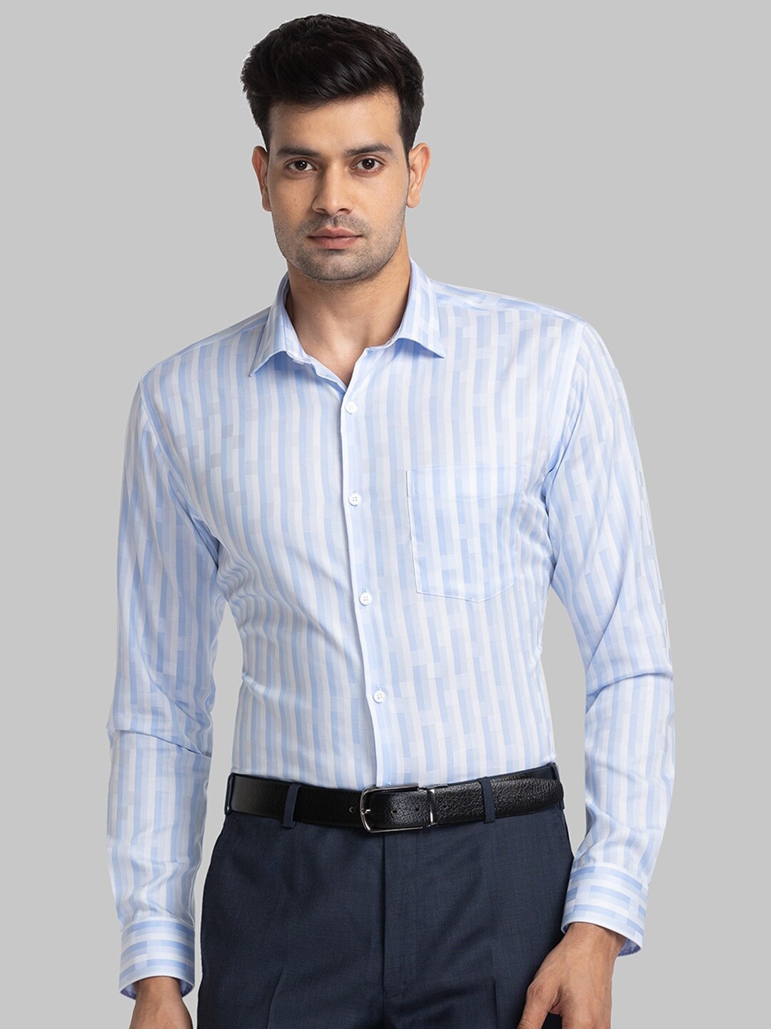 

Park Avenue Spread Collar Striped Slim Fit Organic Cotton Formal Shirt, Blue
