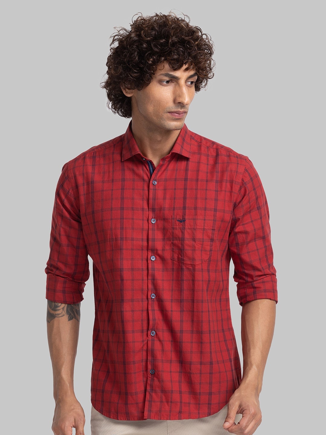 

Park Avenue Tartan Checks Slim Fit Organic Cotton Casual Shirt, Red