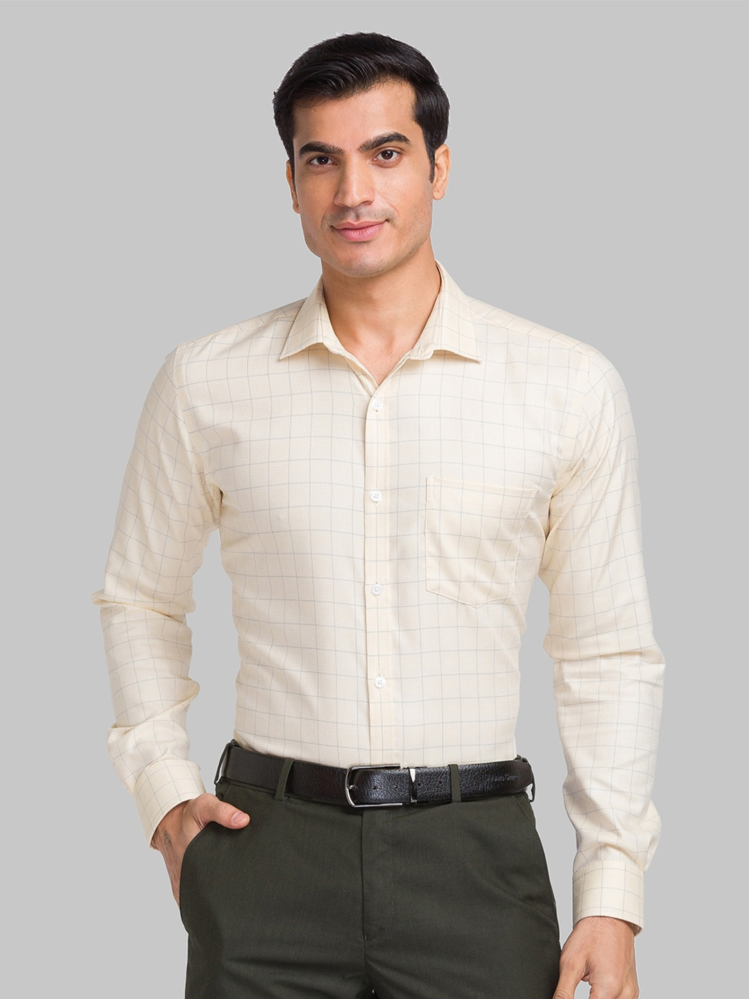 

Park Avenue Slim Fit Grid Tattersall Checked Pure Cotton Formal Shirt, Yellow