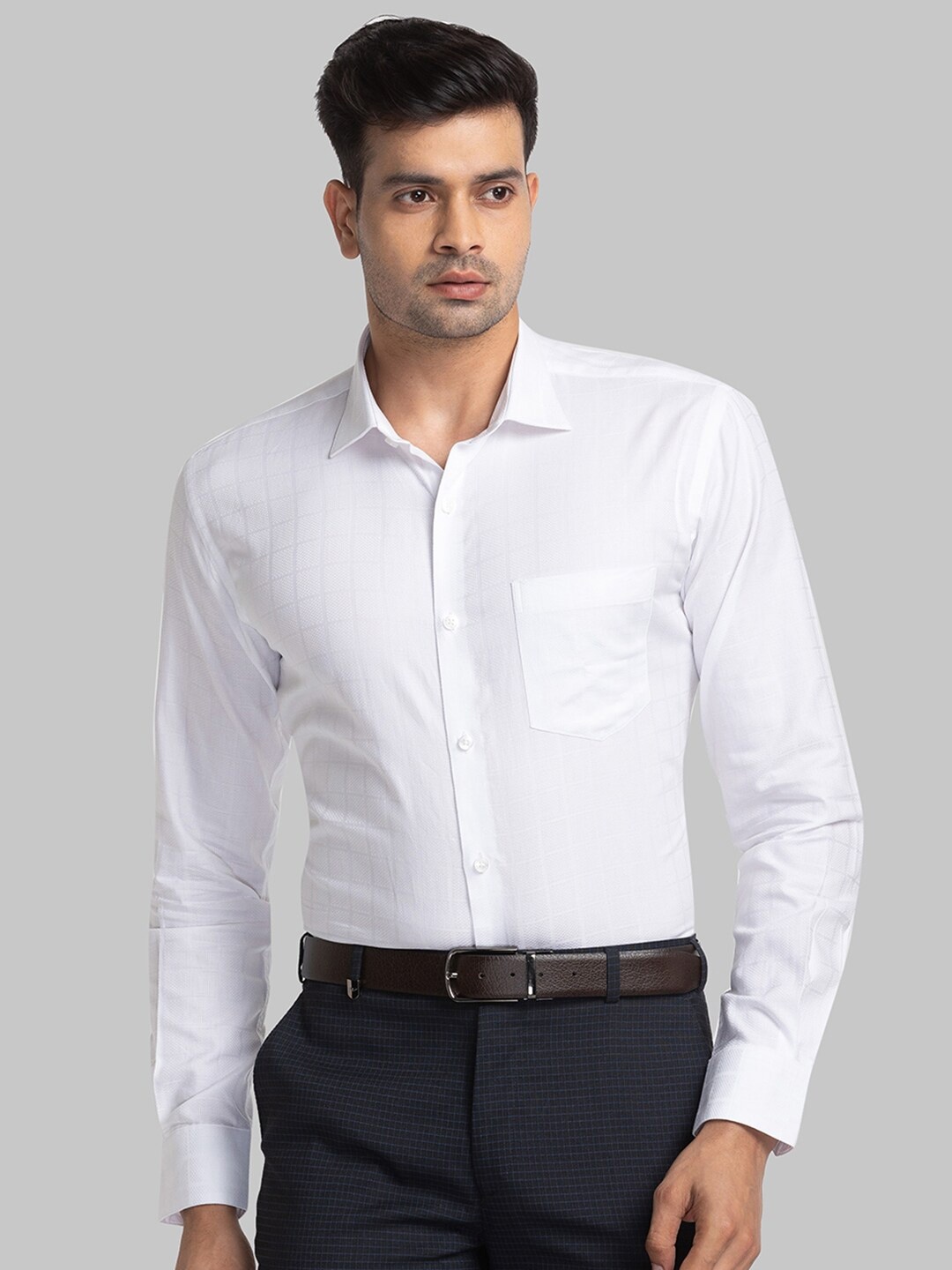

Park Avenue Spread Collar Checks Slim Fit Organic Cotton Formal Shirt, White