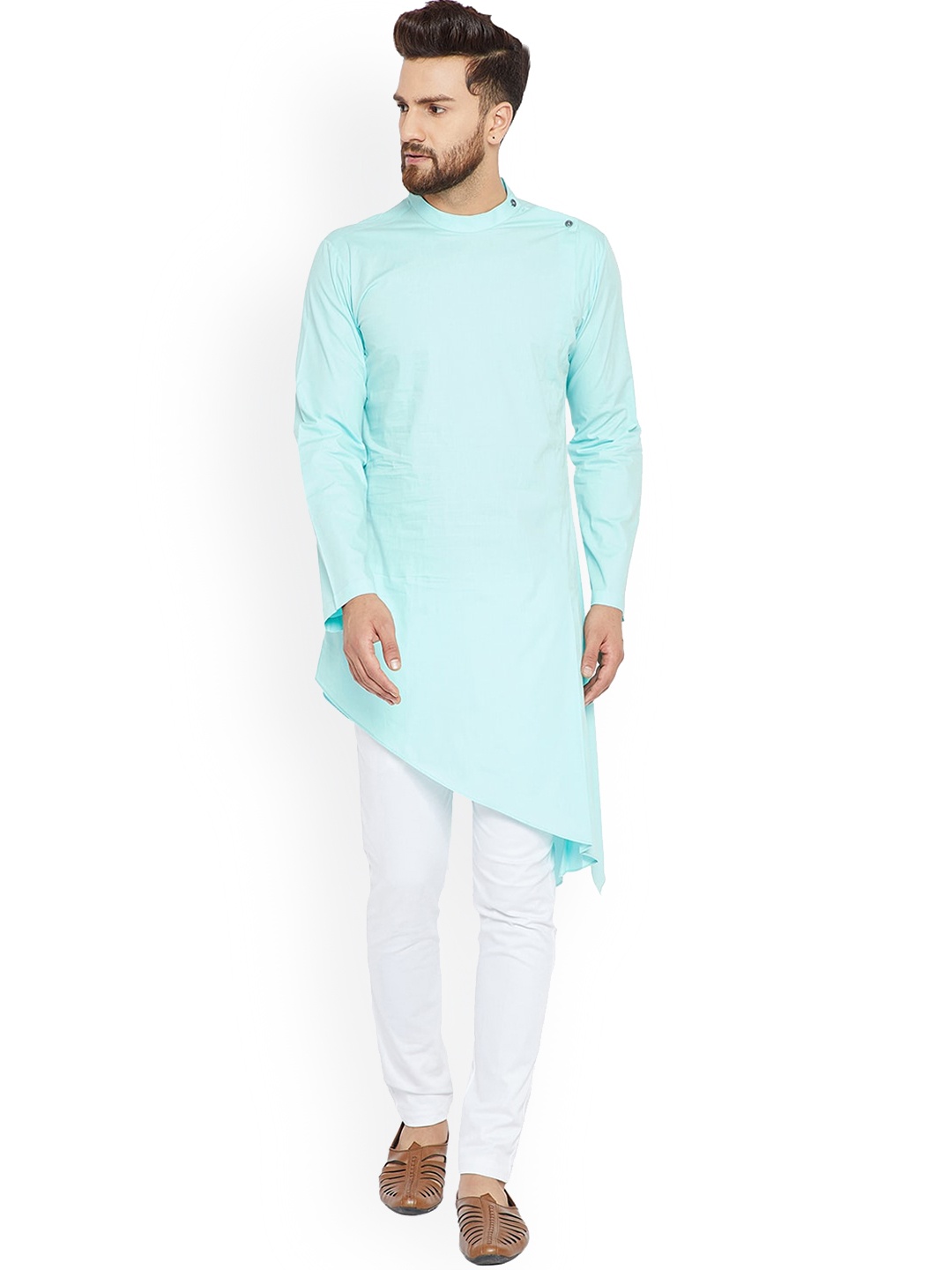 

See Designs Mandarin Collar Assymetric Hem Pure Cotton Angrakha Kurta, Blue