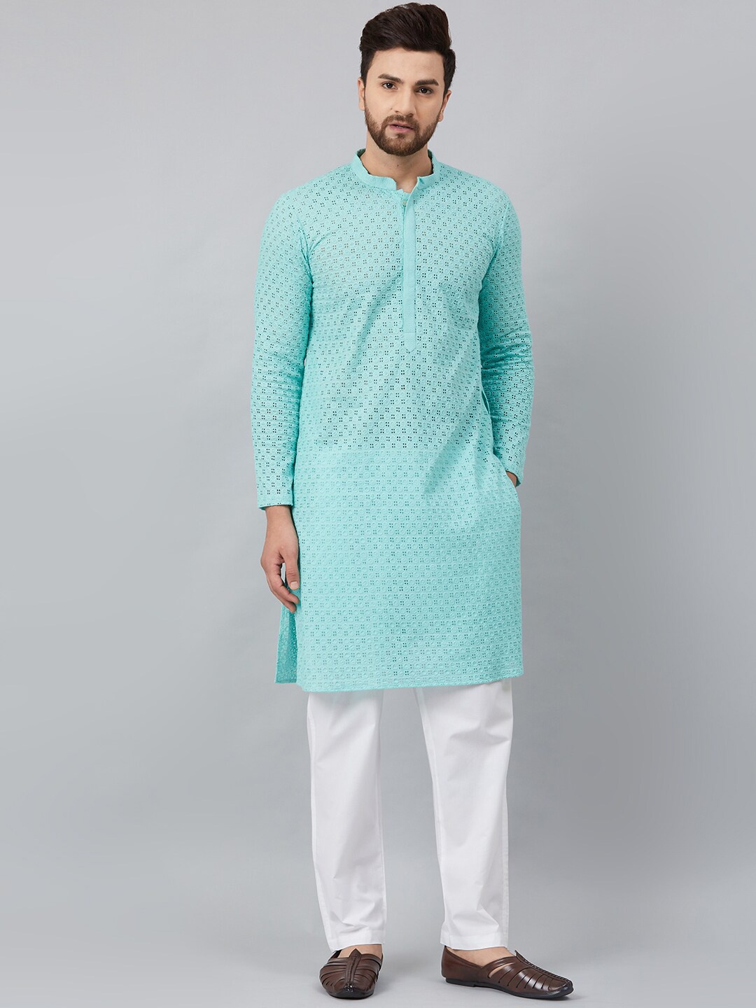 

See Designs Mandarin Collar Chikankari Cotton Kurta, Turquoise blue