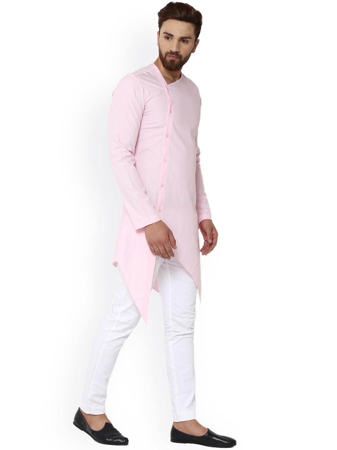 

See Designs Long Sleeves Assymetric Hem Pure Cotton Angrakha Kurta, Pink