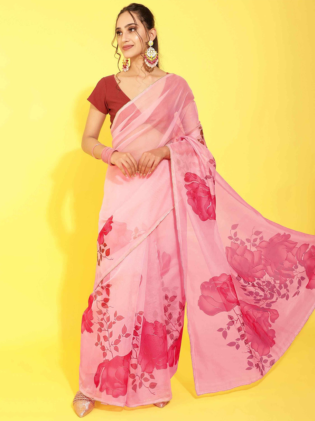 

elora Floral Printed Organza Saree, Rose