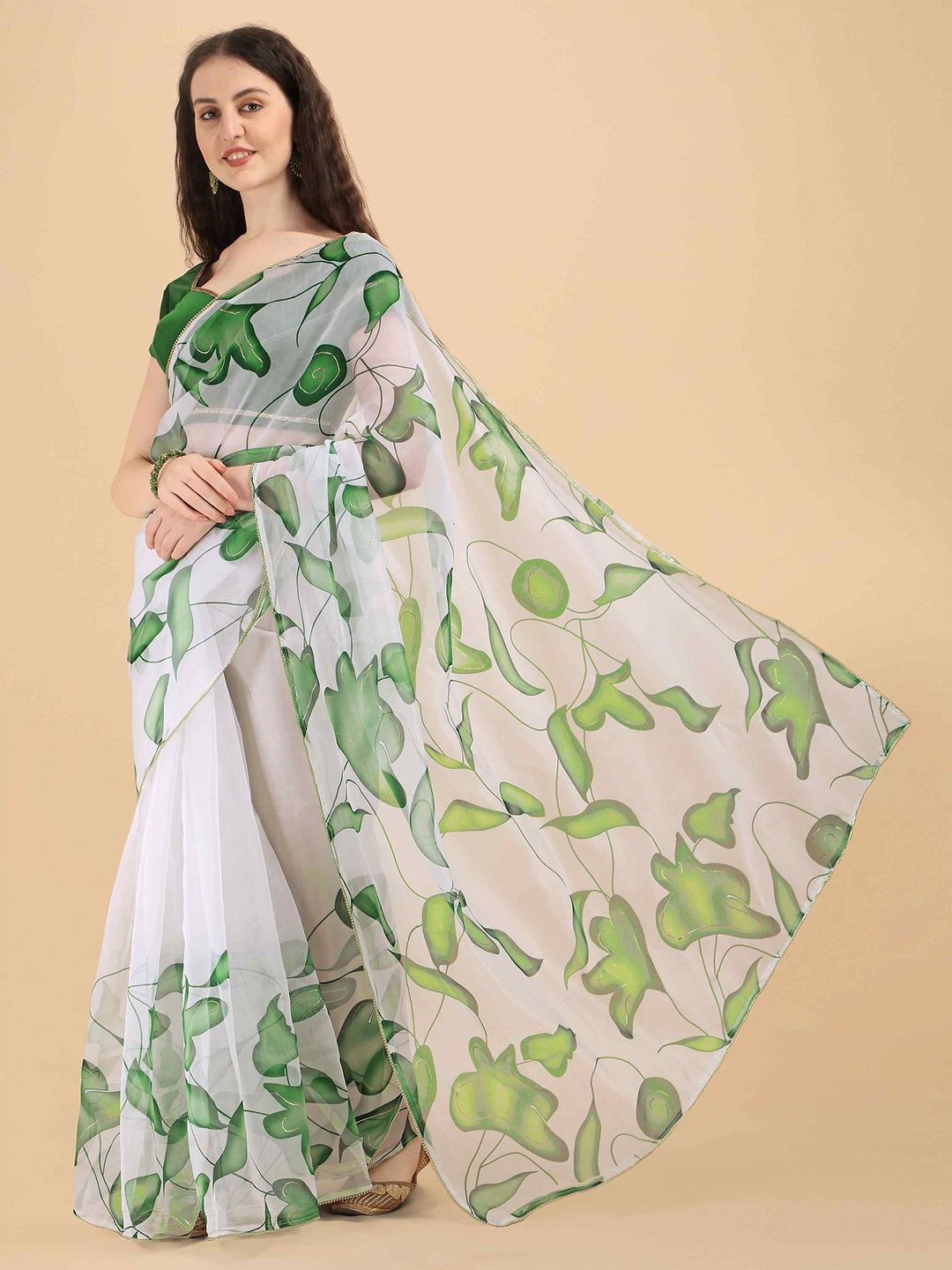 

elora Floral Printed Organza Saree, White