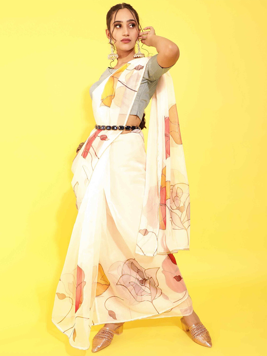 

elora Floral Printed Organza Saree, White