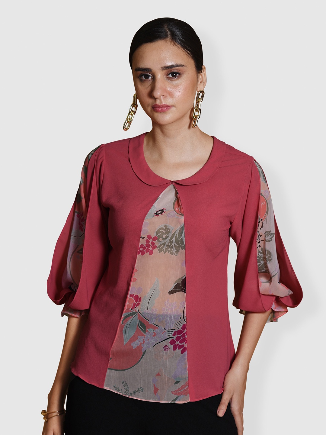 

MODWEE Floral Printed Peter Pan Collar Slit Sleeves Chiffon Top, Pink