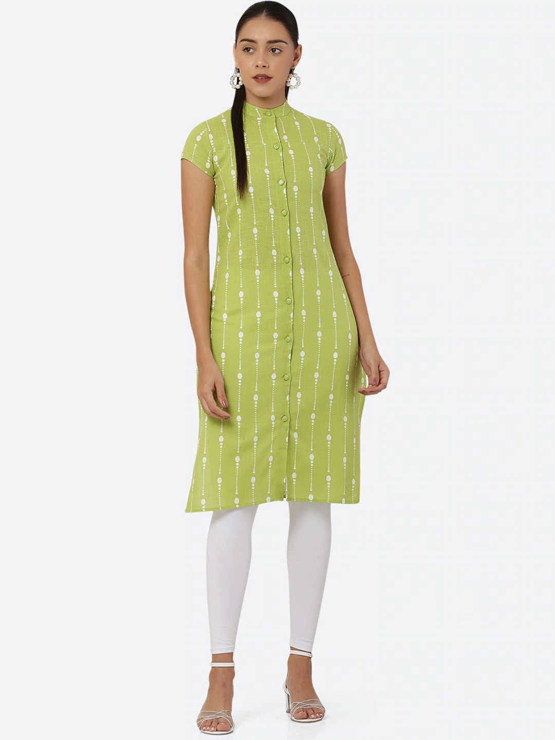 

See Designs Mandarin Collar Printed Kurta, Lime green