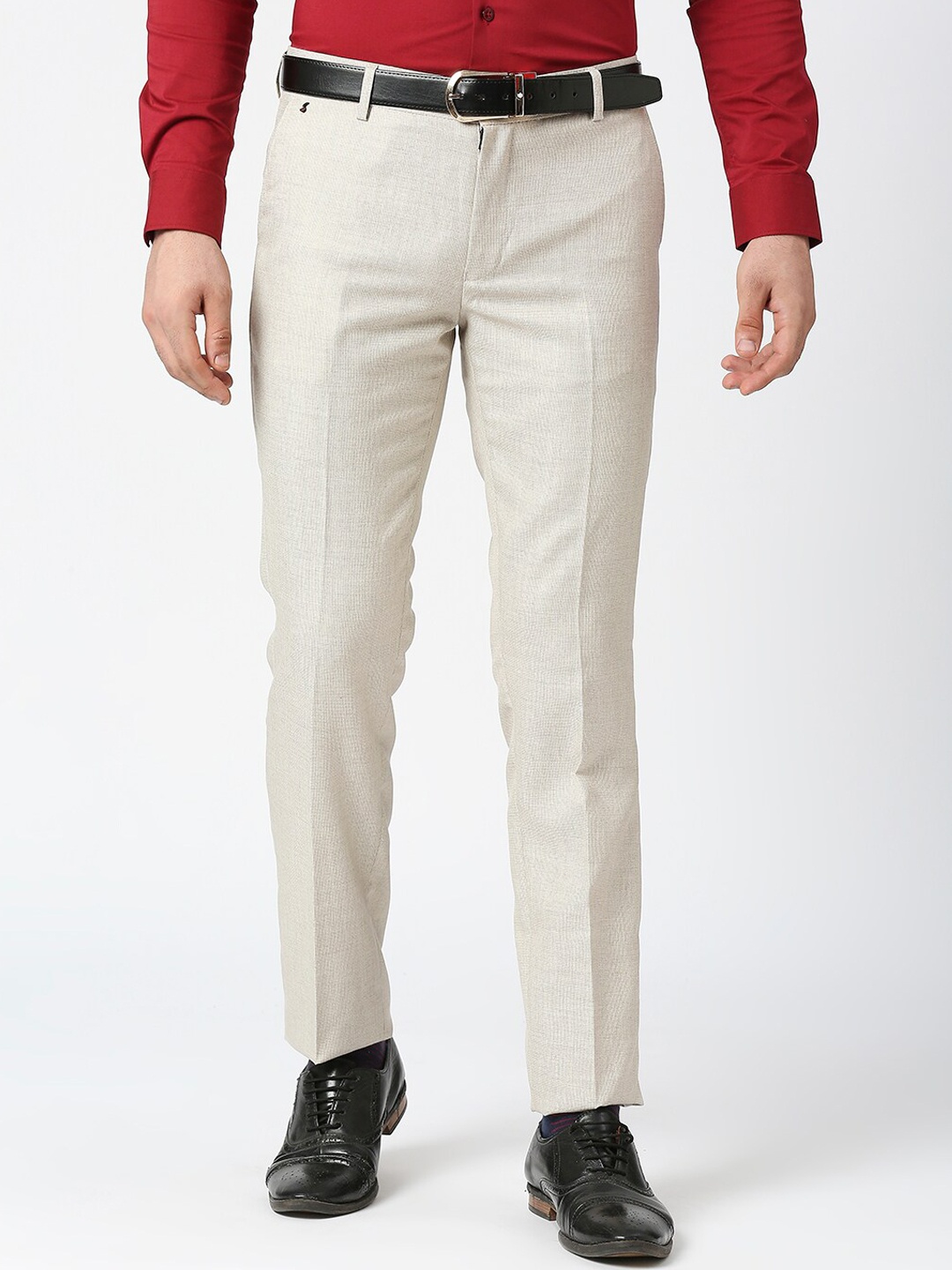 

Solemio Men Textured Mid-Rise Plain Formal Trousers, Beige