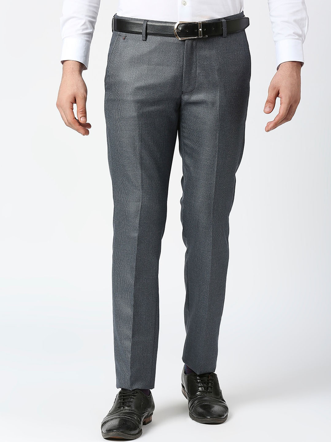 Solemio Men Mid-Rise Textured Plain Formal Trousers, Charcoal