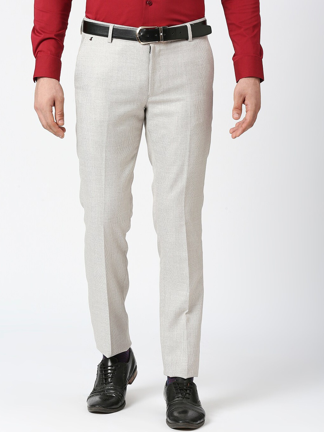 

Solemio Men Flat-Front Mid-Rise Slim Fit Formal Trousers, Cream
